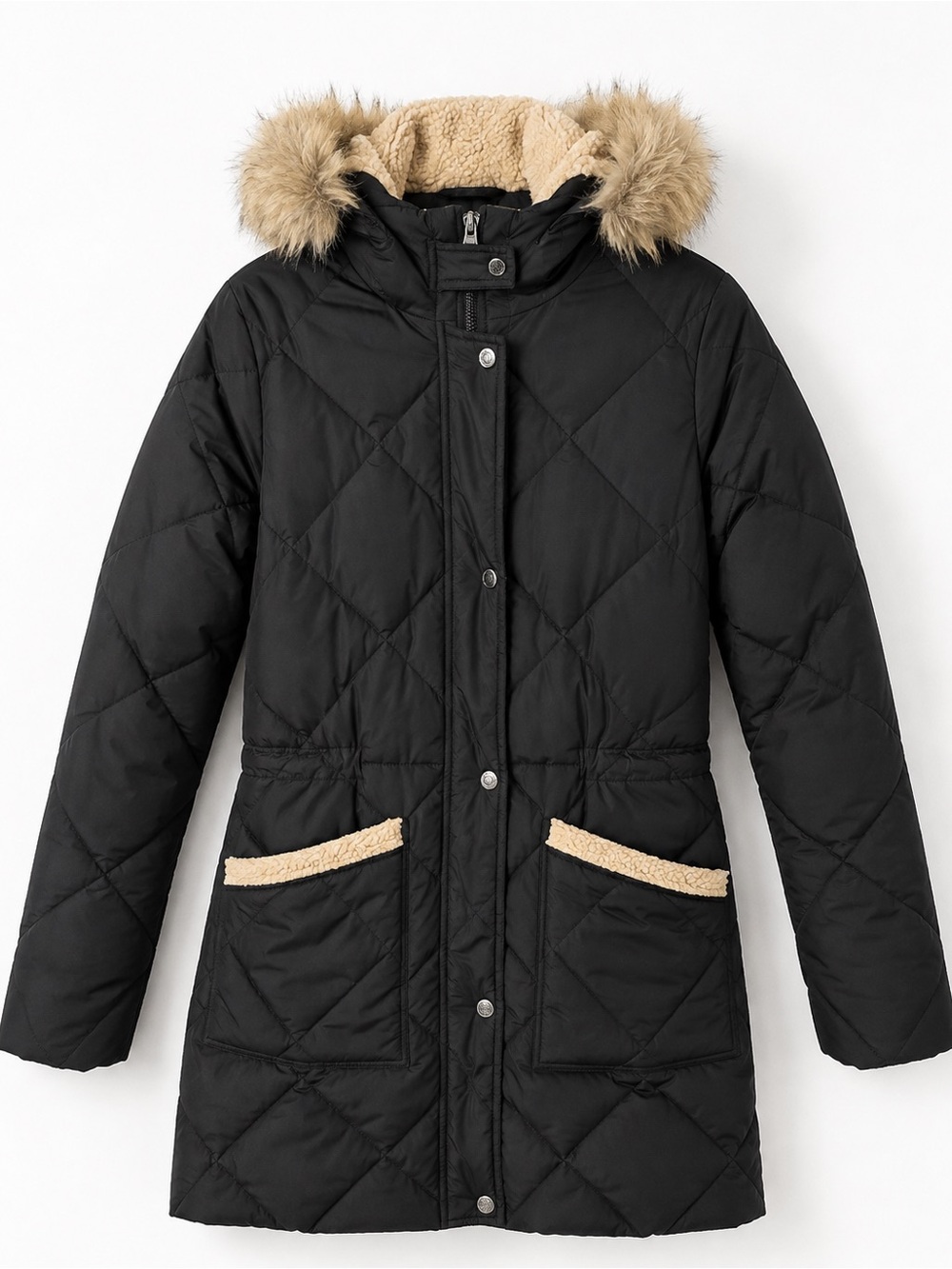 Lauren Ralph Lauren Black Quilted Faux-Fur Trim Hooded Puffer Coat